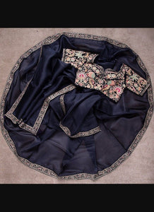 Dark Navy Blue Color With Embroidery Work Lace Border Saree With Blouse