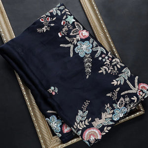 Navy Blue Color Rangoli Silk Hand Embroidery Saree With Blouse