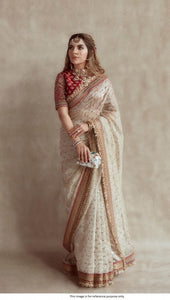 Bollywood Sabyasachi inspired beige and red silk based wedding saree